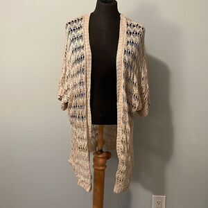 Mine Women's Tan Crochet Knit Dolman Short Sleeve Open Front Long Cardigan